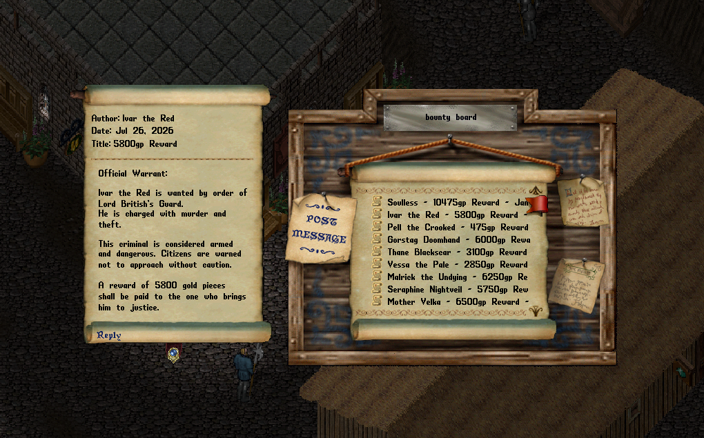 The Invicta bounty board displaying wanted NPC criminals